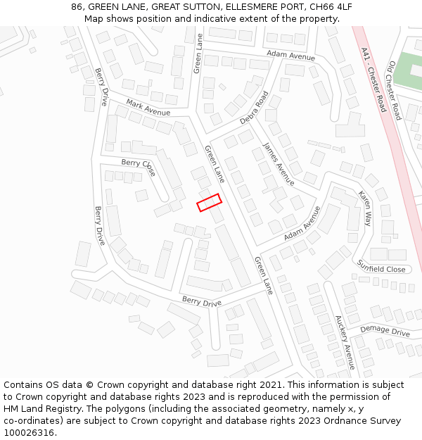 86, GREEN LANE, GREAT SUTTON, ELLESMERE PORT, CH66 4LF: Location map and indicative extent of plot