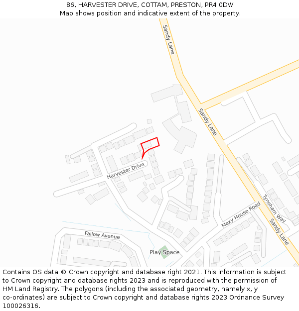 86, HARVESTER DRIVE, COTTAM, PRESTON, PR4 0DW: Location map and indicative extent of plot