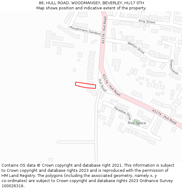 86, HULL ROAD, WOODMANSEY, BEVERLEY, HU17 0TH: Location map and indicative extent of plot