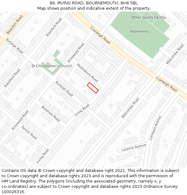 86, IRVING ROAD, BOURNEMOUTH, BH6 5BL: Location map and indicative extent of plot