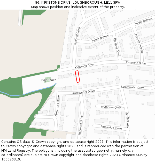 86, KIRKSTONE DRIVE, LOUGHBOROUGH, LE11 3RW: Location map and indicative extent of plot