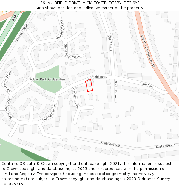 86, MUIRFIELD DRIVE, MICKLEOVER, DERBY, DE3 9YF: Location map and indicative extent of plot