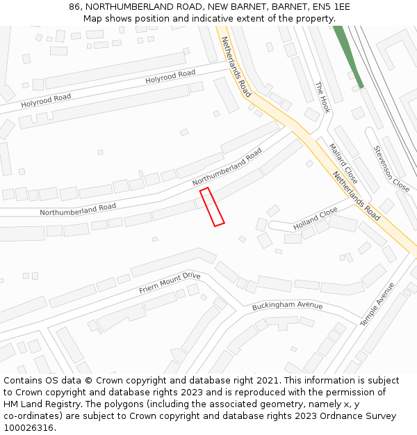 86, NORTHUMBERLAND ROAD, NEW BARNET, BARNET, EN5 1EE: Location map and indicative extent of plot