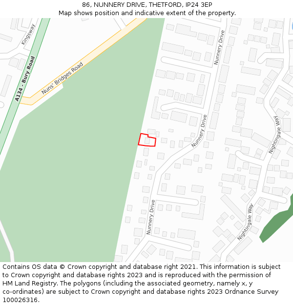 86, NUNNERY DRIVE, THETFORD, IP24 3EP: Location map and indicative extent of plot