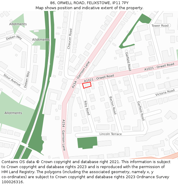 86, ORWELL ROAD, FELIXSTOWE, IP11 7PY: Location map and indicative extent of plot