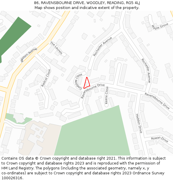 86, RAVENSBOURNE DRIVE, WOODLEY, READING, RG5 4LJ: Location map and indicative extent of plot