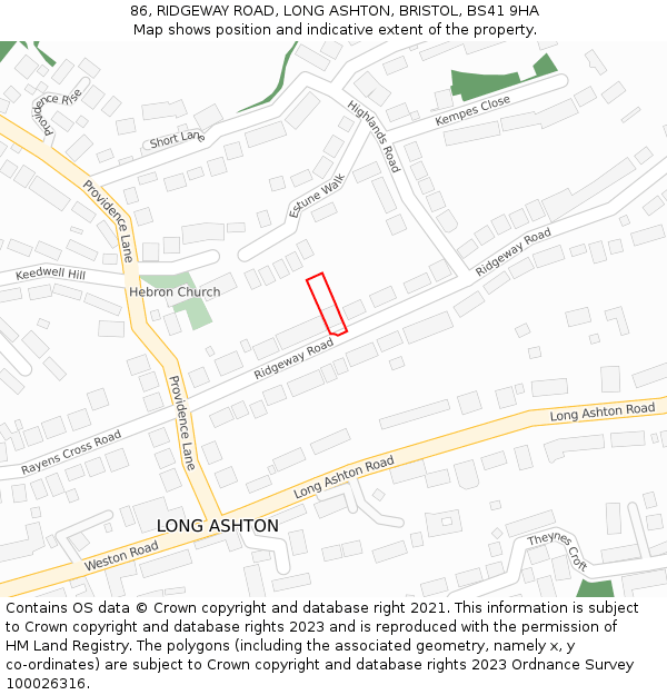 86, RIDGEWAY ROAD, LONG ASHTON, BRISTOL, BS41 9HA: Location map and indicative extent of plot