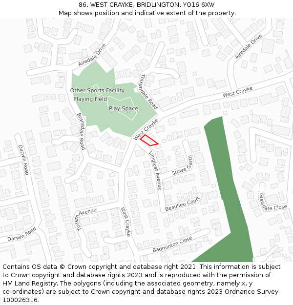 86, WEST CRAYKE, BRIDLINGTON, YO16 6XW: Location map and indicative extent of plot