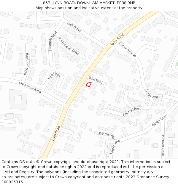 86B, LYNN ROAD, DOWNHAM MARKET, PE38 9NR: Location map and indicative extent of plot