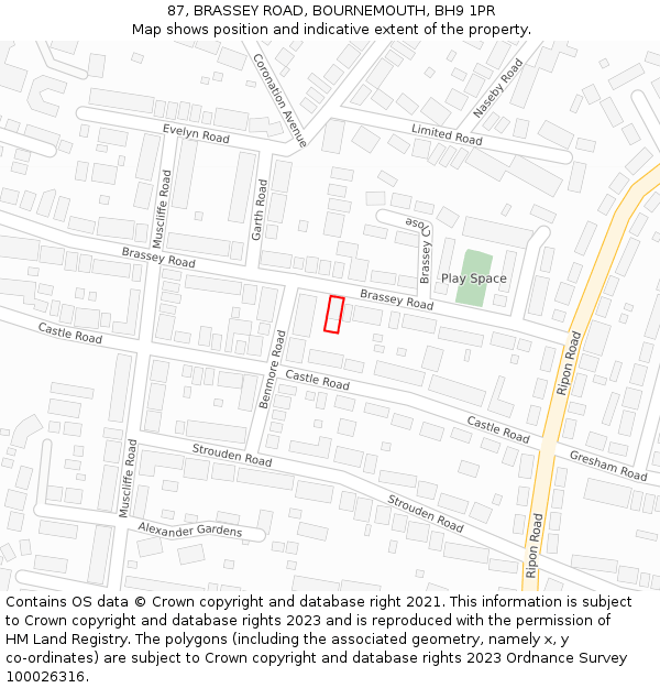 87, BRASSEY ROAD, BOURNEMOUTH, BH9 1PR: Location map and indicative extent of plot