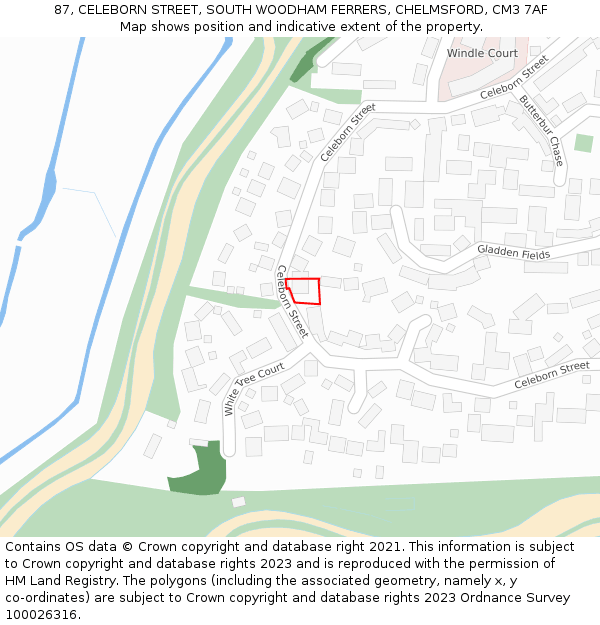 87, CELEBORN STREET, SOUTH WOODHAM FERRERS, CHELMSFORD, CM3 7AF: Location map and indicative extent of plot