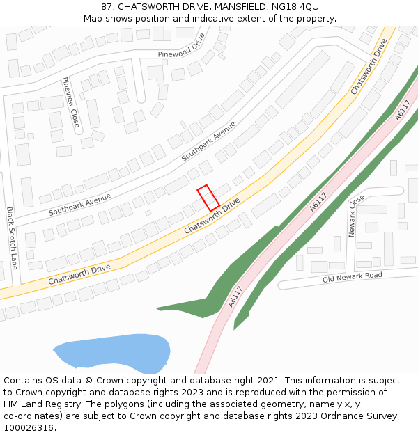 87, CHATSWORTH DRIVE, MANSFIELD, NG18 4QU: Location map and indicative extent of plot