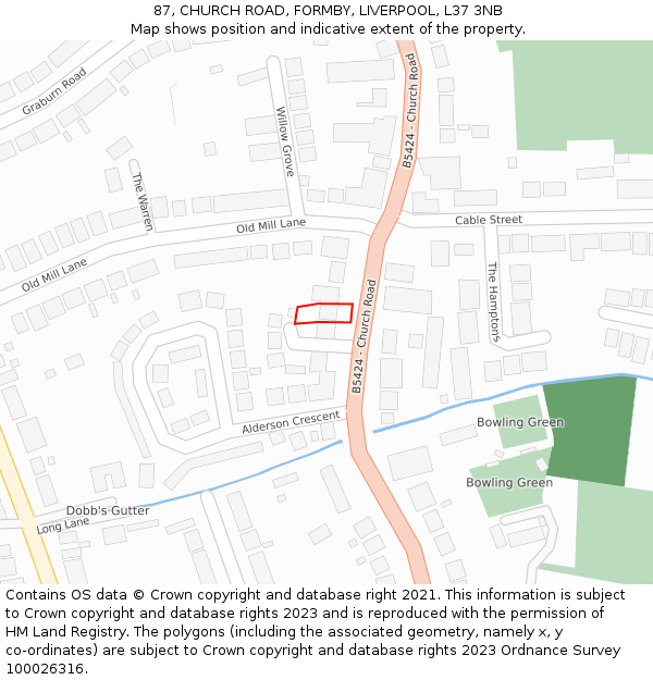 87, CHURCH ROAD, FORMBY, LIVERPOOL, L37 3NB: Location map and indicative extent of plot