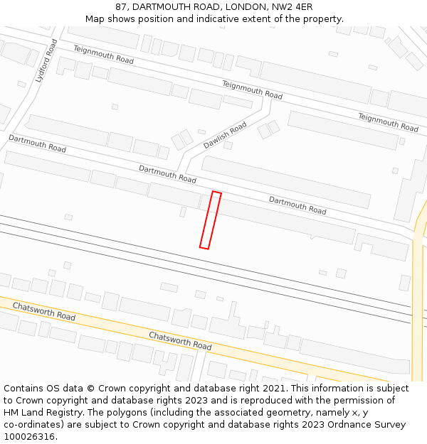 87, DARTMOUTH ROAD, LONDON, NW2 4ER: Location map and indicative extent of plot