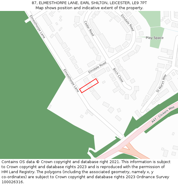 87, ELMESTHORPE LANE, EARL SHILTON, LEICESTER, LE9 7PT: Location map and indicative extent of plot