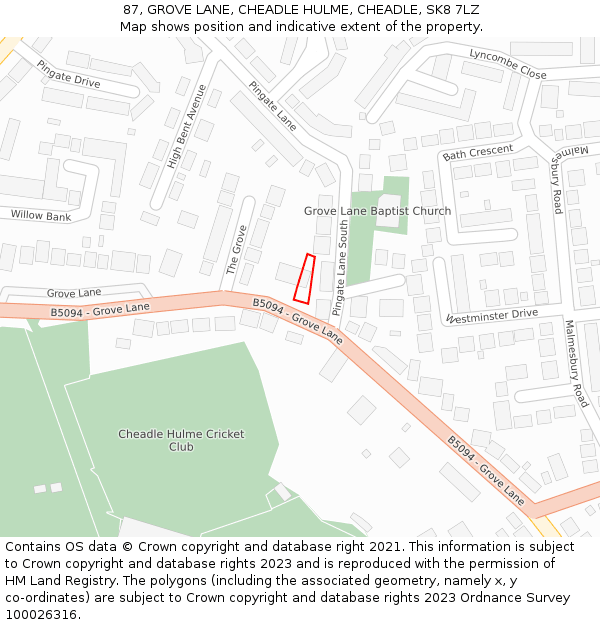 87, GROVE LANE, CHEADLE HULME, CHEADLE, SK8 7LZ: Location map and indicative extent of plot