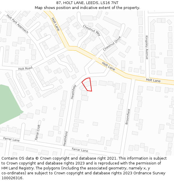 87, HOLT LANE, LEEDS, LS16 7NT: Location map and indicative extent of plot