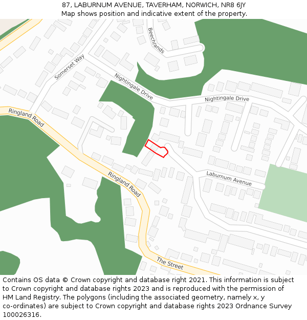 87, LABURNUM AVENUE, TAVERHAM, NORWICH, NR8 6JY: Location map and indicative extent of plot