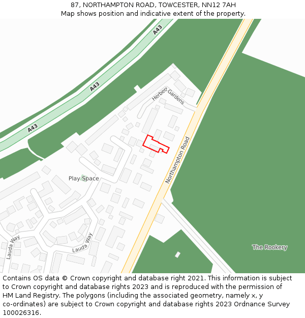 87, NORTHAMPTON ROAD, TOWCESTER, NN12 7AH: Location map and indicative extent of plot