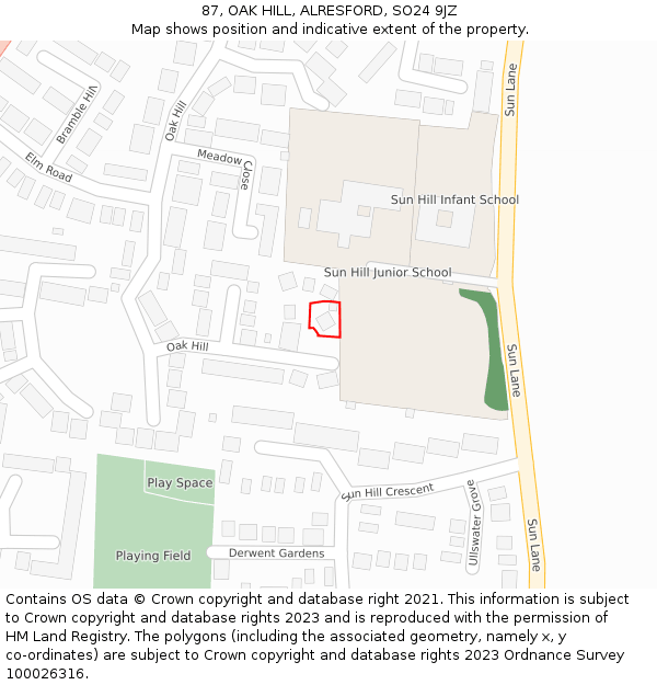 87, OAK HILL, ALRESFORD, SO24 9JZ: Location map and indicative extent of plot