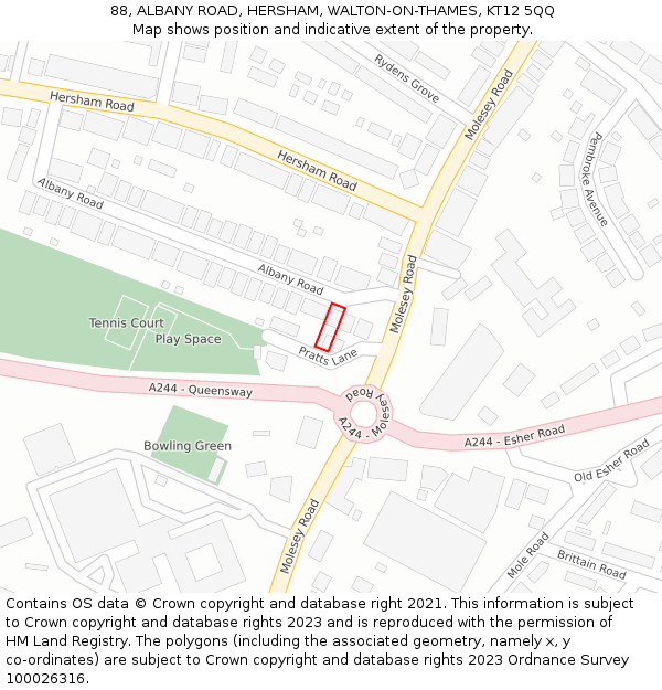 88, ALBANY ROAD, HERSHAM, WALTON-ON-THAMES, KT12 5QQ: Location map and indicative extent of plot