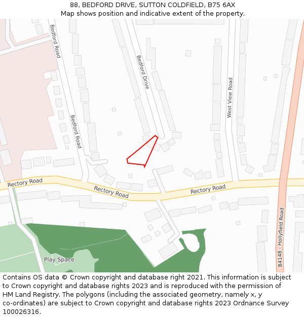 88, BEDFORD DRIVE, SUTTON COLDFIELD, B75 6AX: Location map and indicative extent of plot