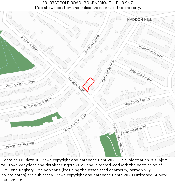 88, BRADPOLE ROAD, BOURNEMOUTH, BH8 9NZ: Location map and indicative extent of plot