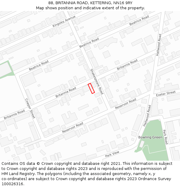 88, BRITANNIA ROAD, KETTERING, NN16 9RY: Location map and indicative extent of plot