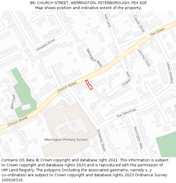 88, CHURCH STREET, WERRINGTON, PETERBOROUGH, PE4 6QF: Location map and indicative extent of plot