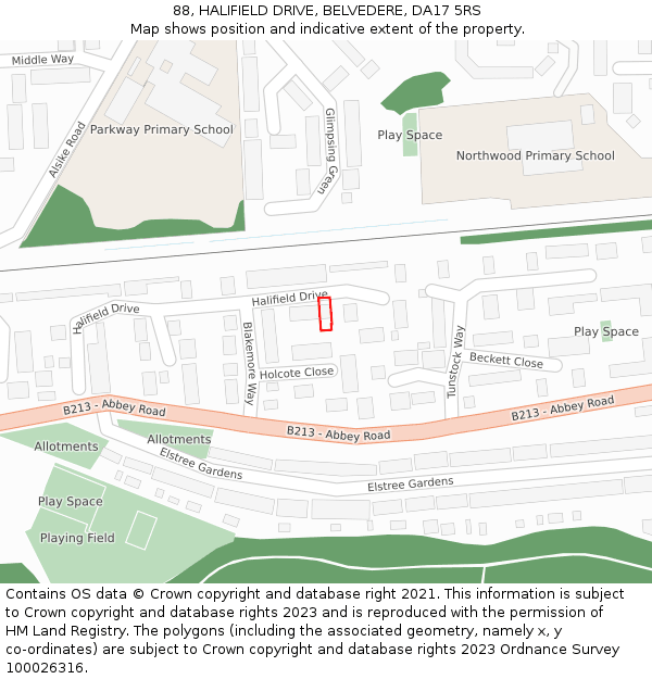 88, HALIFIELD DRIVE, BELVEDERE, DA17 5RS: Location map and indicative extent of plot