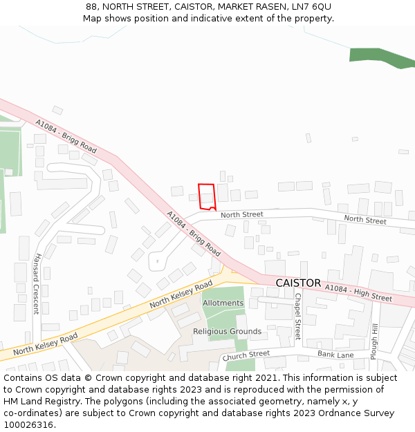 88, NORTH STREET, CAISTOR, MARKET RASEN, LN7 6QU: Location map and indicative extent of plot