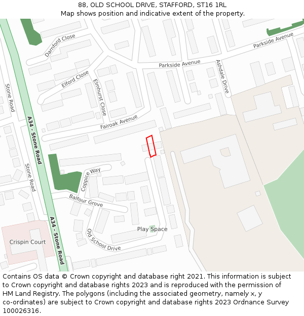 88, OLD SCHOOL DRIVE, STAFFORD, ST16 1RL: Location map and indicative extent of plot