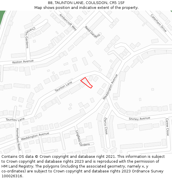 88, TAUNTON LANE, COULSDON, CR5 1SF: Location map and indicative extent of plot