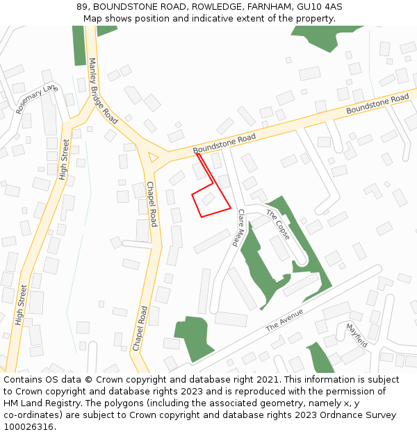 89, BOUNDSTONE ROAD, ROWLEDGE, FARNHAM, GU10 4AS: Location map and indicative extent of plot