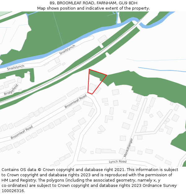 89, BROOMLEAF ROAD, FARNHAM, GU9 8DH: Location map and indicative extent of plot