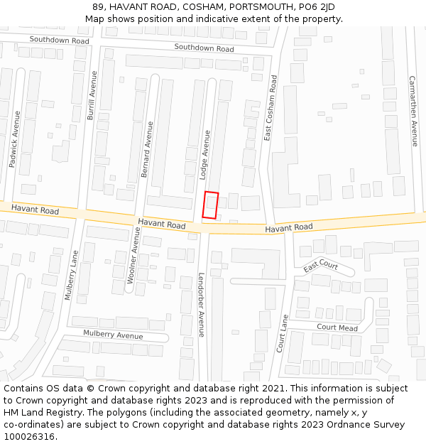 89, HAVANT ROAD, COSHAM, PORTSMOUTH, PO6 2JD: Location map and indicative extent of plot