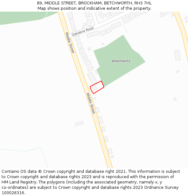 89, MIDDLE STREET, BROCKHAM, BETCHWORTH, RH3 7HL: Location map and indicative extent of plot