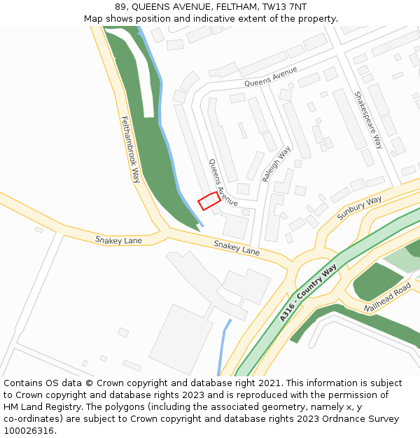 89, QUEENS AVENUE, FELTHAM, TW13 7NT: Location map and indicative extent of plot