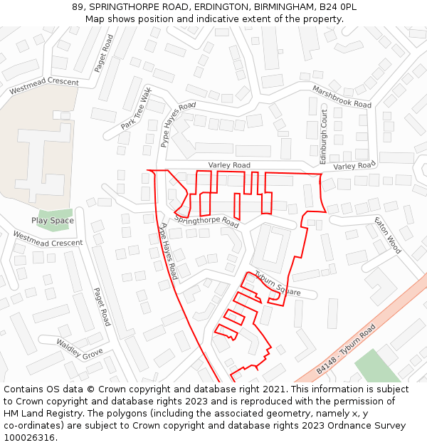 89, SPRINGTHORPE ROAD, ERDINGTON, BIRMINGHAM, B24 0PL: Location map and indicative extent of plot