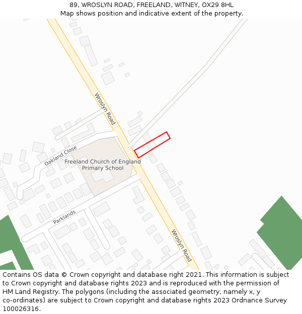 89, WROSLYN ROAD, FREELAND, WITNEY, OX29 8HL: Location map and indicative extent of plot