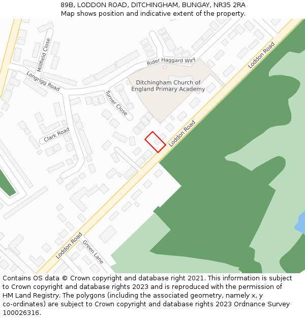 89B, LODDON ROAD, DITCHINGHAM, BUNGAY, NR35 2RA: Location map and indicative extent of plot