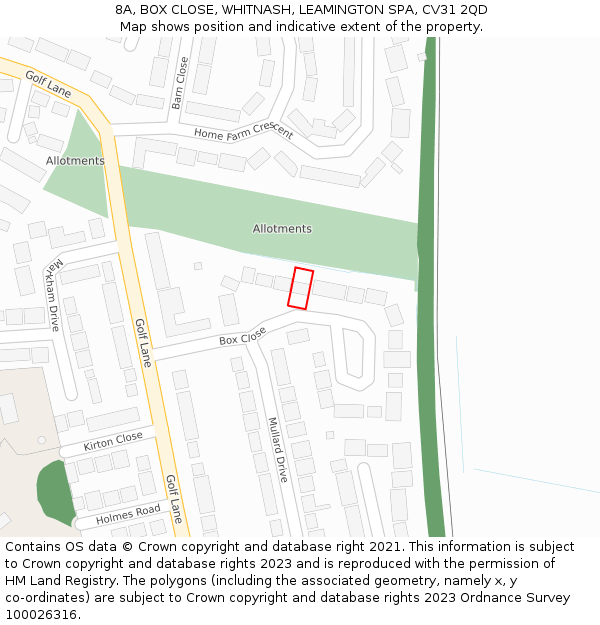 8A, BOX CLOSE, WHITNASH, LEAMINGTON SPA, CV31 2QD: Location map and indicative extent of plot