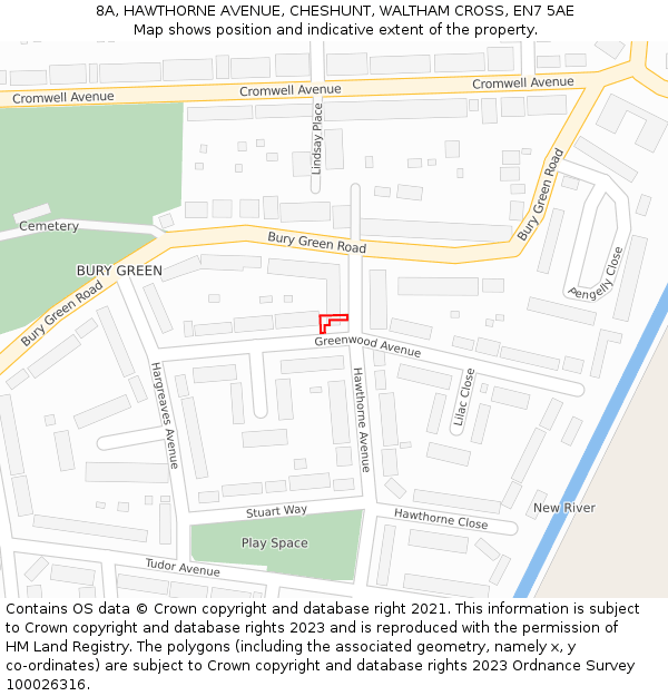 8A, HAWTHORNE AVENUE, CHESHUNT, WALTHAM CROSS, EN7 5AE: Location map and indicative extent of plot