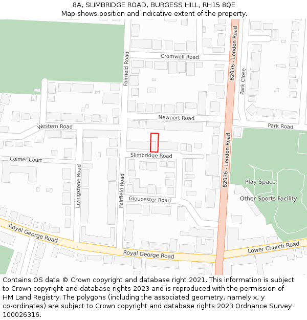 8A, SLIMBRIDGE ROAD, BURGESS HILL, RH15 8QE: Location map and indicative extent of plot