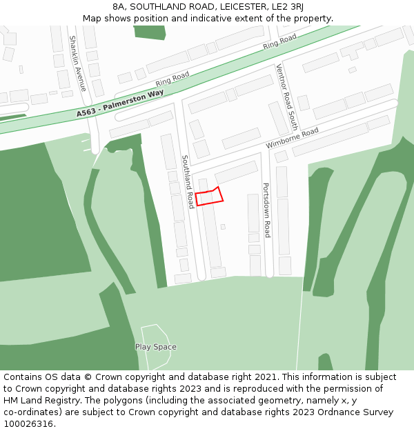 8A, SOUTHLAND ROAD, LEICESTER, LE2 3RJ: Location map and indicative extent of plot