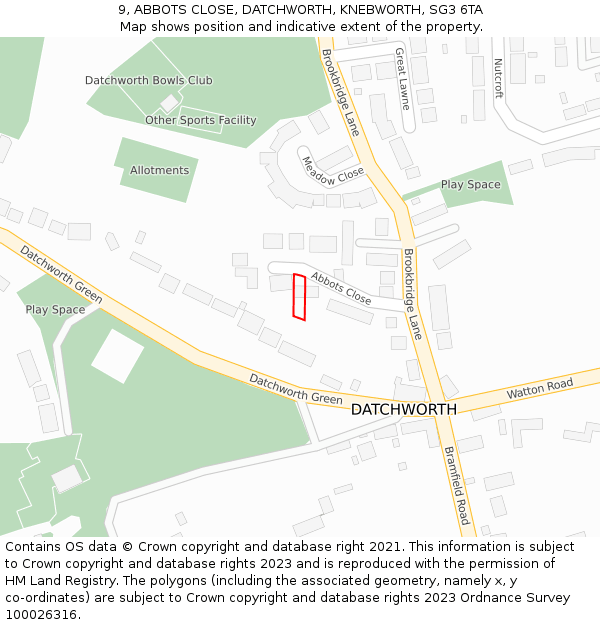 9, ABBOTS CLOSE, DATCHWORTH, KNEBWORTH, SG3 6TA: Location map and indicative extent of plot