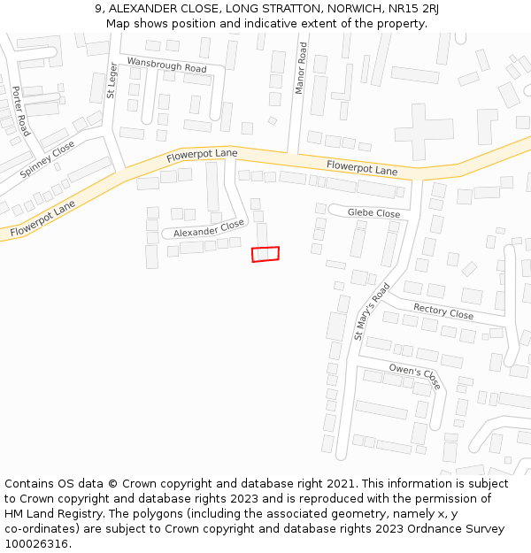 9, ALEXANDER CLOSE, LONG STRATTON, NORWICH, NR15 2RJ: Location map and indicative extent of plot