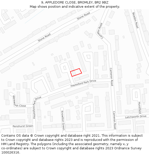 9, APPLEDORE CLOSE, BROMLEY, BR2 9BZ: Location map and indicative extent of plot