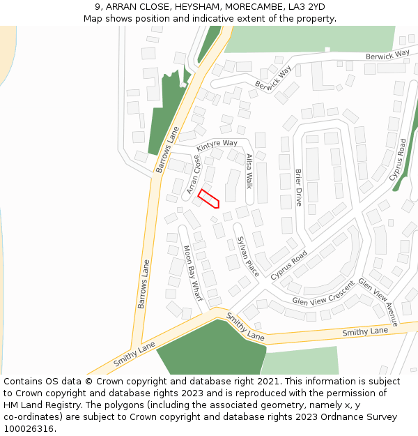 9, ARRAN CLOSE, HEYSHAM, MORECAMBE, LA3 2YD: Location map and indicative extent of plot