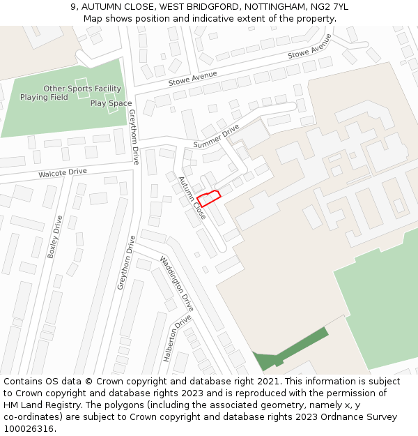 9, AUTUMN CLOSE, WEST BRIDGFORD, NOTTINGHAM, NG2 7YL: Location map and indicative extent of plot